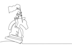 Continuous one line drawing businessman riding big chess horse knight and holding flag, strategy, competitive, strategic move in business concept. Single line draw design vector graphic illustration