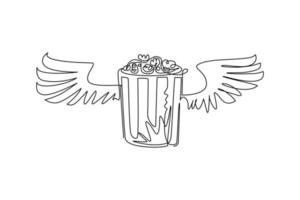 Single continuous line drawing full popcorn bucket with wings logo. Flyer, invitation, ticket, banner, poster, web page, label, design element or icon. One line draw graphic design vector illustration