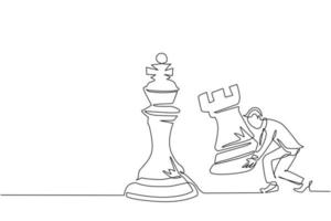 hombre de negocios de dibujo continuo de una línea que sostiene una pieza de ajedrez de torre para vencer al rey de ajedrez. planificación estratégica, estrategia de desarrollo empresarial, tácticas en el emprendimiento. vector de diseño de dibujo de una sola línea