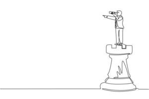 Continuous one line drawing businessman on top of big rook chess piece using telescope looking for success, opportunities, future business trends. Single line draw design vector graphic illustration