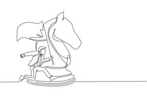 Single one line drawing businessman running and holding flag beside big horse knight chess. Business achievement goal, metaphor concept. Modern continuous line draw design graphic vector illustration