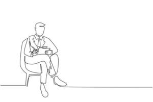 Single one line drawing young businessman with clipboard. Male executive sitting in armchair. Man taking notes. Psychology consultation. Modern continuous line draw design graphic vector illustration