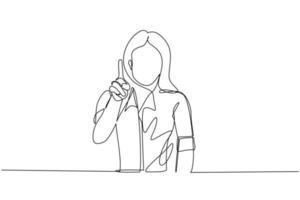 Single continuous line drawing young female pointing up finger while standing and smiling. Cute woman pointing copy space. Emotion and body language concept. One line draw design vector illustration