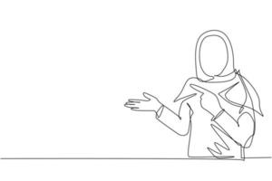 Single continuous line drawing cute Arabian female in hijab presenting something. Young businesswoman showing something or presenting project. Dynamic one line draw graphic design vector illustration