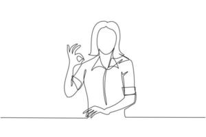 Single continuous line drawing woman in casual clothes gesturing ok sign. Okay sign, gesture language concept. Smiling female standing showing ok sign with fingers. One line draw graphic design vector