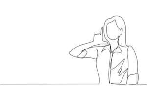 Single one line drawing unhappy woman showing loser sign on forehead with fingers. Stressed trendy person gesturing hand over head. Female making 'L' symbol. Continuous line draw design graphic vector