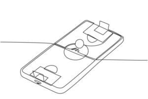 campo de fútbol de dibujo de una sola línea continua en la pantalla del teléfono inteligente. fútbol de fútbol móvil. partido de deportes móviles. juego de fútbol en línea con aplicación móvil en vivo. ilustración de vector de diseño de dibujo de una línea