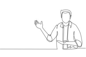 Single one line drawing handsome man in casual clothes presenting something. Young businessman showing something or presenting project. Modern continuous line draw design graphic vector illustration