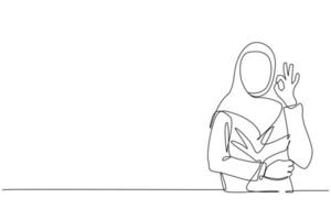 una sola línea dibujando a una mujer árabe con hiyab gesticulando con el signo de ok. signo bien, concepto de lenguaje gestual. hembra de pie mostrando el signo ok con los dedos. ilustración de vector de diseño de dibujo de línea continua