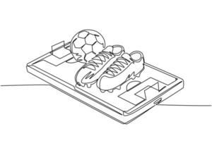 dibujo continuo de una línea de zapatos de fútbol y balones de fútbol en la pantalla del teléfono inteligente. teléfono inteligente con aplicación de fútbol soccer. campeonato de transmisión de deportes móviles para jugar. gráfico vectorial de diseño de dibujo de una sola línea vector