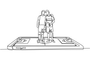 Single continuous line drawing two soccer players embrace each other on surface of smartphone. Mobile football soccer. Mobile sport play match. Dynamic one line draw graphic design vector illustration