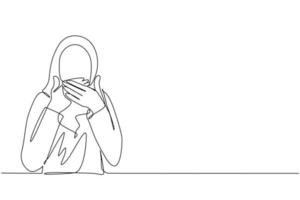 Continuous one line drawing Arab woman covering mouth with hands. Female mouth with hand shocked with shame for mistake, expression of fear, scared in silence, secret. Single line draw design vector