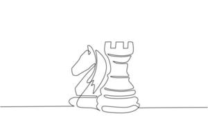 Continuous one line drawing rook and knight chess logo. Set of emblems and signs for chess sport tournament. Successful challenge flat isolated. Single line draw design vector graphic illustration