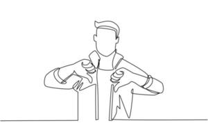 Single continuous line drawing unhappy young man showing thumbs down sign gesture. Dislike, disagree, disappointment, disapprove, no deal. Emotion, body language concept. One line draw design vector