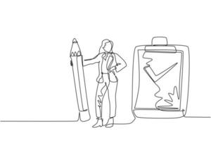 Single continuous line drawing happy smiling businesswoman with pencil, clipboard, checklist completed. Business success completed plan concept. One line draw graphic design vector illustration