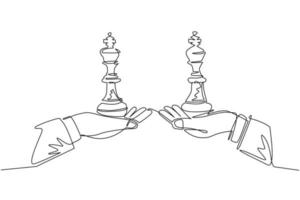 Single one line drawing business concept, of businessman hands, one holding king chess piece and the other hand too. Strategy and management. Continuous line draw design graphic vector illustration