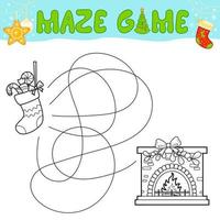 Christmas Maze puzzle game for children. Outline maze or labyrinth. Find path game with christmas Sock and fireplace. vector