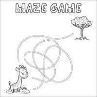 Maze puzzle game for children. Outline maze or labyrinth. Find path game with giraffe. vector