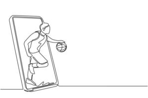 Single continuous line drawing basketball player running and dribbling with ball out of smartphone screen. Smartphone with app basketball. Dynamic one line draw graphic design vector illustration