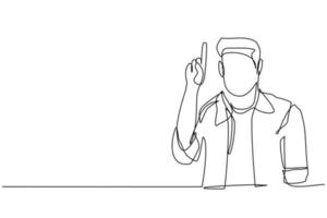 Single one line drawing young male pointing up finger while standing and smiling. Man pointing copy space. Emotion and body language concept. Continuous line draw design graphic vector illustration