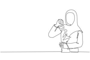 Continuous one line drawing unhappy young Arabian woman showing thumbs down sign gesture. Dislike, disagree, disappointment, disapprove, no deal. Emotion, body language. Single line draw design vector