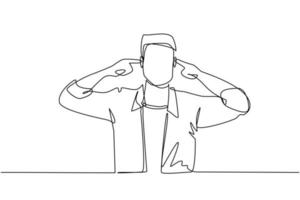 Continuous one line drawing man covering ears with fingers with annoyed expression for the noise of loud sound or music while eyes closed standing in white background. Single line draw design vector