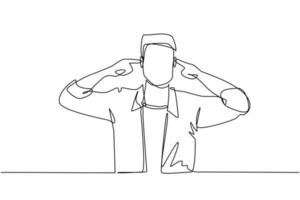 Continuous one line drawing man covering ears with fingers with annoyed expression for the noise of loud sound or music while eyes closed standing in white background. Single line draw design vector