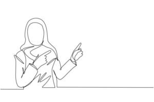 Single one line drawing Arabian woman pointing away hands together and showing or presenting something while standing and smiling. Emotion and body language. Continuous line draw design graphic vector