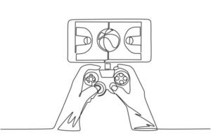 teléfono inteligente de dibujo de una sola línea conectado con gamepad y jugando juegos de baloncesto. baloncesto móvil. partido de juego de deportes electrónicos móviles. ilustración de vector gráfico de diseño de dibujo de línea continua moderna