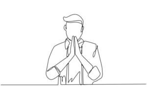 Single one line drawing young man in closed eyes praying hands together. Trendy person holding palms in prayer. Human emotion, body language. Continuous line draw design graphic vector illustration