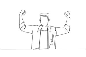 Single continuous line drawing happy employee of company stands in strong pose. Businessman gestures hand. Office worker. Achievement concept. Dynamic one line draw graphic design vector illustration