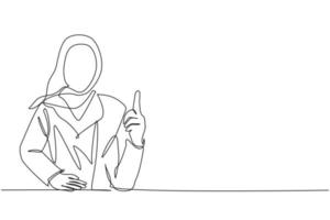 Single continuous line drawing young Arab female pointing up finger while standing and smiling. Happy woman pointing copy space. Emotion and body language concept. One line draw graphic design vector