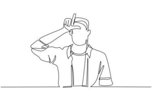 Single continuous line drawing unhappy man showing loser sign on forehead with fingers. Stressed trendy person gesturing hand over head. Male making 'L' symbol. One line draw graphic design vector