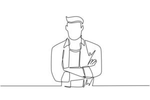 Single continuous line drawing smiling confident young man in shirt, keeping arms crossed. Active businessman standing with folded arms pose. Dynamic one line draw graphic design vector illustration