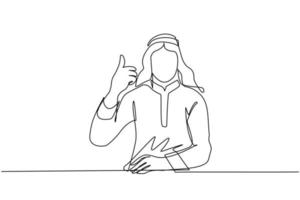 Single one line drawing confident Arab businessman thumbs up. Excited male dressed in traditional clothes showing thumbs up sign. Deal, like, agree, approve, accept. Continuous line draw design vector