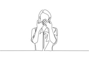 Single one line drawing young woman covering mouth with hands. Female mouth with hand shocked with shame for mistake, expression of fear, scared in silence, secret. Continuous line draw design vector