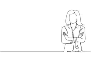 Single one line drawing young businesswoman standing with folded arms. Smiling beautiful female in casual clothes with arms crossed standing isolated. Modern continuous line draw design graphic vector