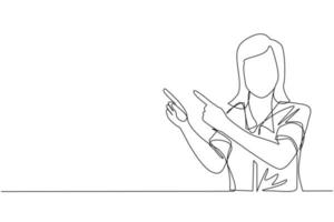 Continuous one line drawing young woman pointing away hands together and showing or presenting something while standing and smiling. Emotion and body language. Single line draw design vector graphic