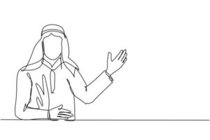 Single continuous line drawing Arabian male in traditional clothes presenting something. Young businessman showing something or presenting project. One line draw graphic design vector illustration