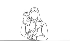 Continuous one line drawing Arabic man in traditional clothes gesturing ok sign. Okay sign, gesture language concept. Smiling male standing showing ok sign with fingers. Single line draw design vector