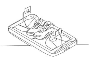 Single continuous line drawing basketball shoes and basketball balls on smartphone screen. Smartphone with app basketball. Mobile sport stream championship to play. One line draw graphic design vector