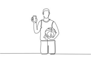 Single continuous line drawing basketball player holding basketball ball and smartphone. Smartphone with app basketball. Mobile sports stream championship to play. One line draw graphic design vector