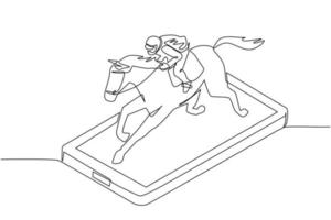 dibujo continuo de una línea joven montando a caballo en la pantalla del teléfono inteligente. caballo de carreras con jockey. deporte ecuestre jinete montando caballo de salto. ilustración gráfica de vector de diseño de dibujo de una sola línea