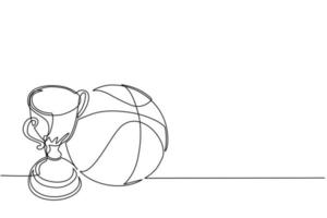 Single one line drawing trophy and basketball ball. Champion cup icon with basketball. Championship trophy. Sport tournament award, winner cup and victory concept. Continuous line draw design vector