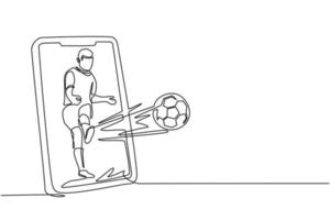 un solo jugador de fútbol de dibujo de una línea patea el balón de fútbol de la pantalla del teléfono inteligente. teléfono inteligente con aplicación de fútbol soccer. campeonato de transmisión de deportes móviles para jugar. vector de diseño de dibujo de línea continua