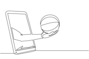 Single continuous line drawing player hand holds basketball ball through mobile phone. Smartphone with app basketball. Mobile sports stream championship. One line draw design vector illustration