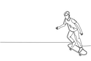 Single one line drawing young man riding skateboard. Stylish male skater in casual outfit. Guy moves around city, outdoor activities, enjoy hobbies. Continuous line draw design vector illustration