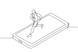 Single one line drawing man running on smartphone screen treadmill. Exercise fitness app and sports. Cardio control digital mobility exercise athlete. Continuous line draw design vector illustration