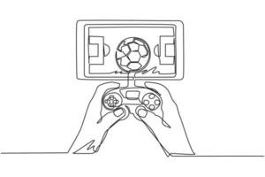 teléfono inteligente de dibujo de línea continua único conectado con gamepad y jugando juegos de fútbol. juegos de fútbol en línea. aplicaciones para teléfonos inteligentes. fútbol móvil. ilustración de vector de diseño de dibujo de una línea