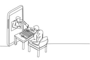 Continuous one line drawing online chess education concept. Two young man sitting at table with chessboard. Teacher shows how to play from smartphone. Single line draw design vector illustration